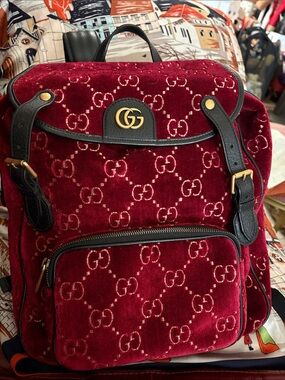 Gucci Burgundy Velvet GG Logo Backpack with Black Leather Trim